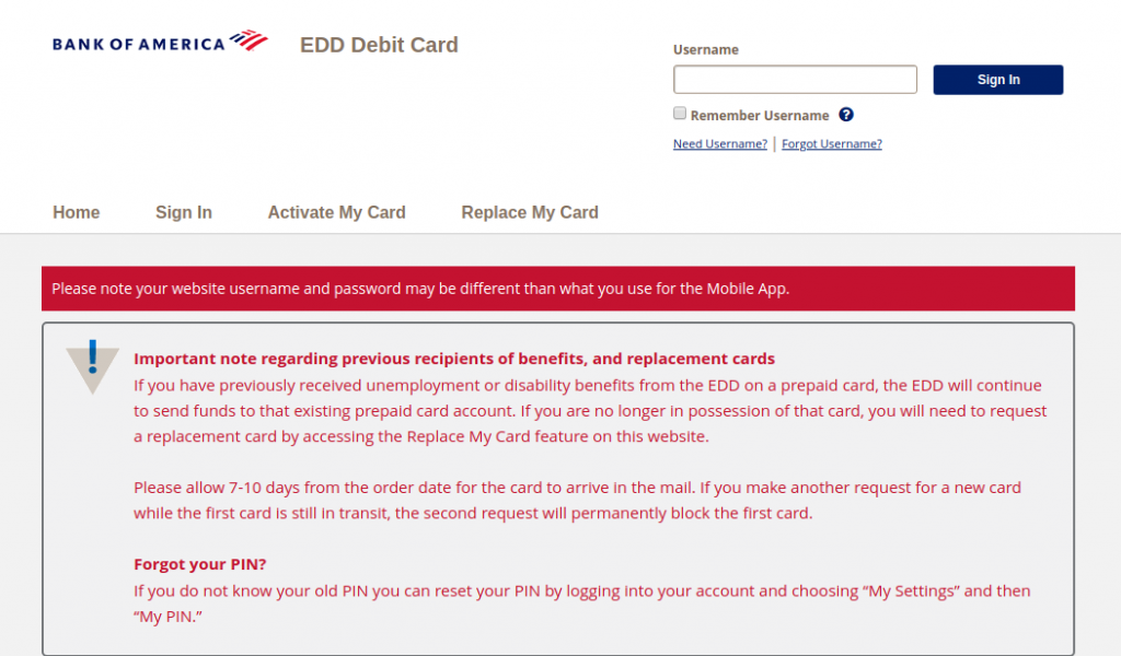 Bank of America EDD Debit Card activate