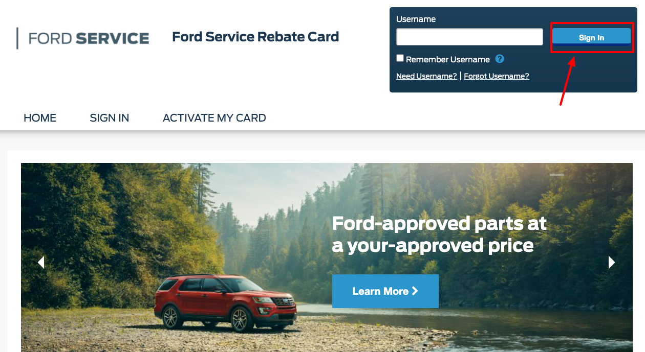 ford service rebate card login