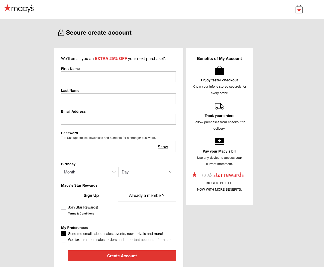 Macy account profile creation