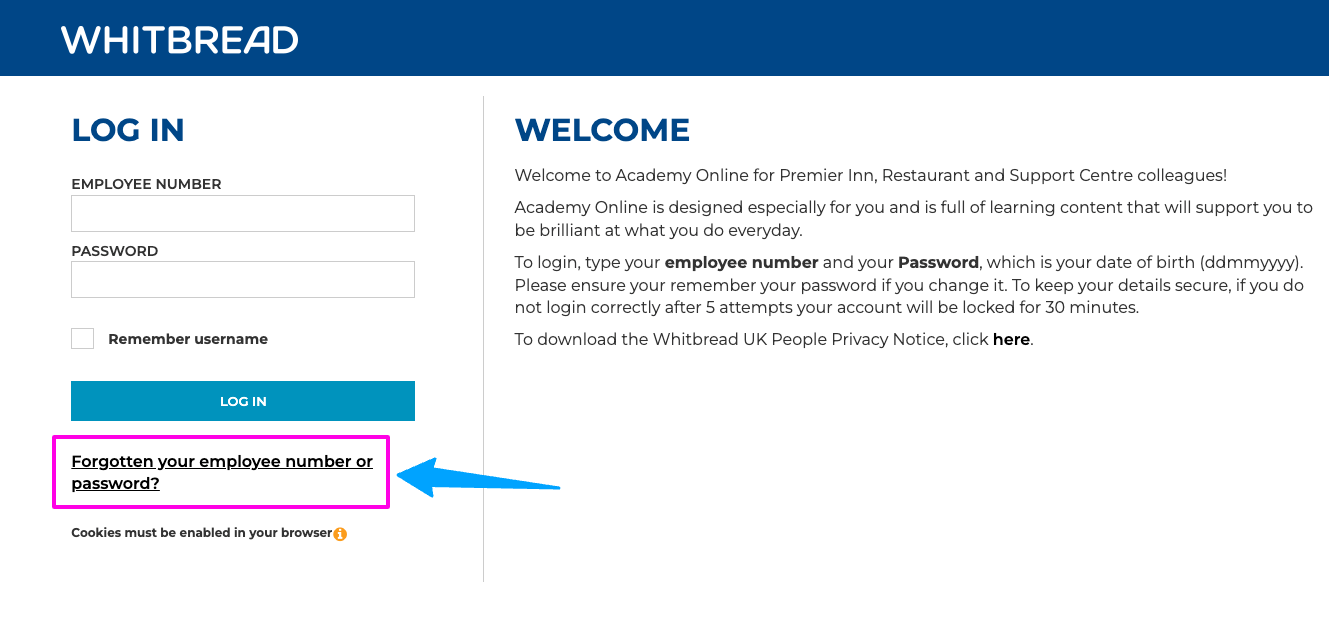 Whitbread Academy employee forgot password page