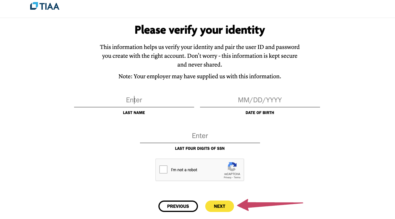 tiaa cref create account page
