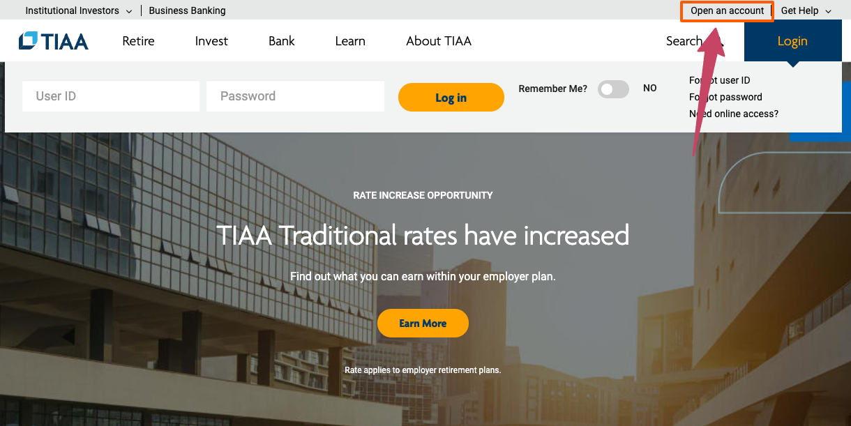 tiaa cref open account page