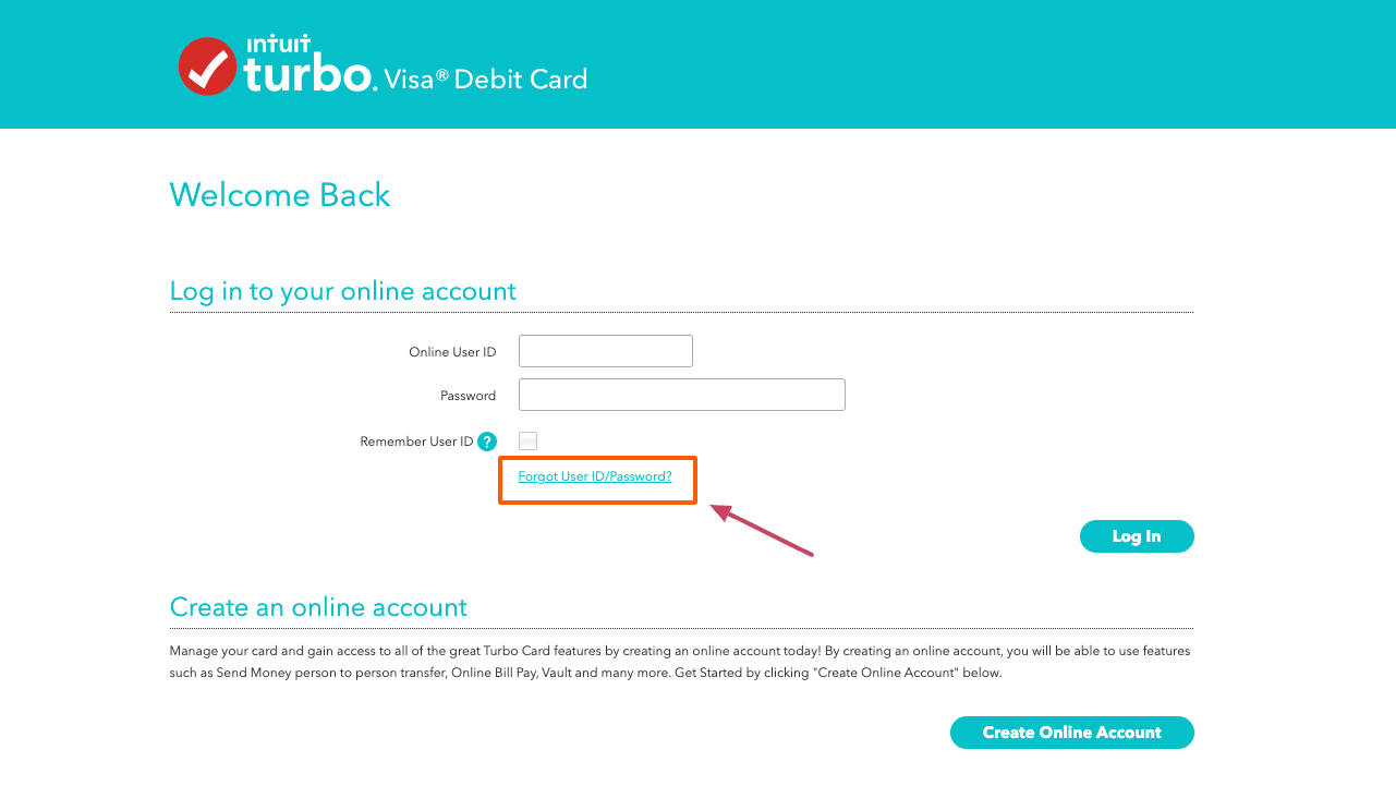 forgot username or password page for turbotax card 